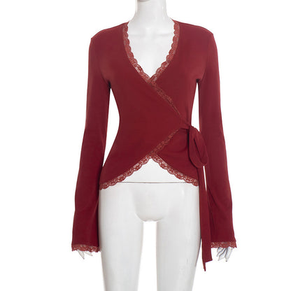 New Deep V-neck Cross-front Tie Lace Trim Top