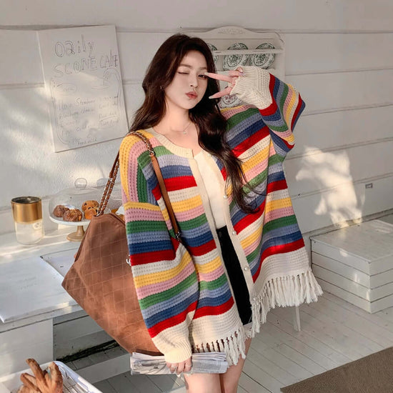 Multicolored Tassel Sweaters Cardigan For Women