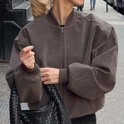 Suede American High Street Stand Collar Long Sleeve Bomber Zip Jacket