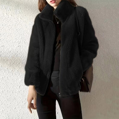 Double Faced Fleece Warm High Neck Sweater Women Cardigan
