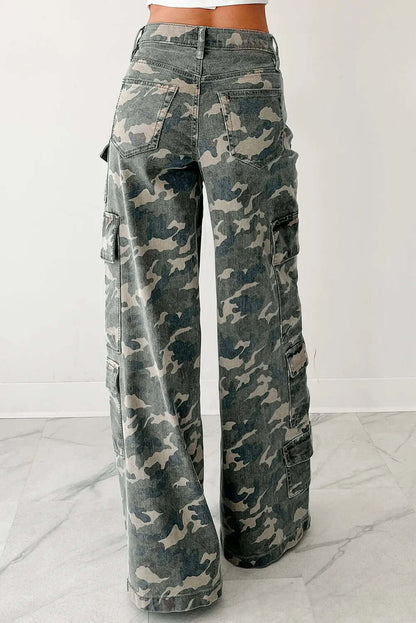 Green Camo Denim Cargo Wide Leg Pants