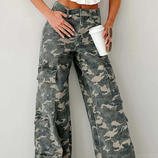 Green Camo Denim Cargo Wide Leg Pants