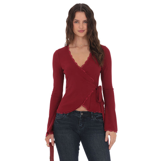 New Deep V-neck Cross-front Tie Lace Trim Top
