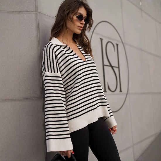 Striped Long Sleeve Loose Pullover Sweater For Women