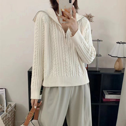 Lapel Half Zipper Cable-knit Pullover Sweater For Women