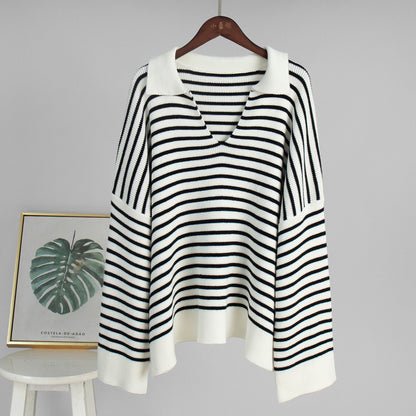 Striped Long Sleeve Loose Pullover Sweater For Women