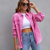 Ripped Denim Jacket for Women in vibrant pink color, perfect for casual autumn and spring fashion.