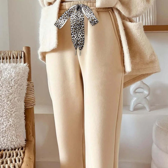 Oatmeal Fleece Lined Leopard Drawstring Elastic Waist Solid Pants